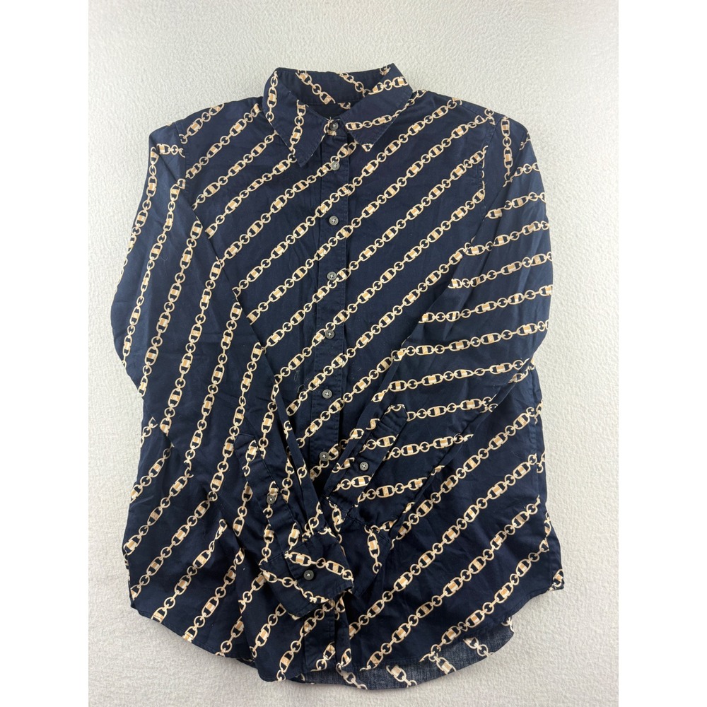 Lauren Ralph Lauren Navy Blue Gold Chain Link Print Cotton Button Down Shirt S